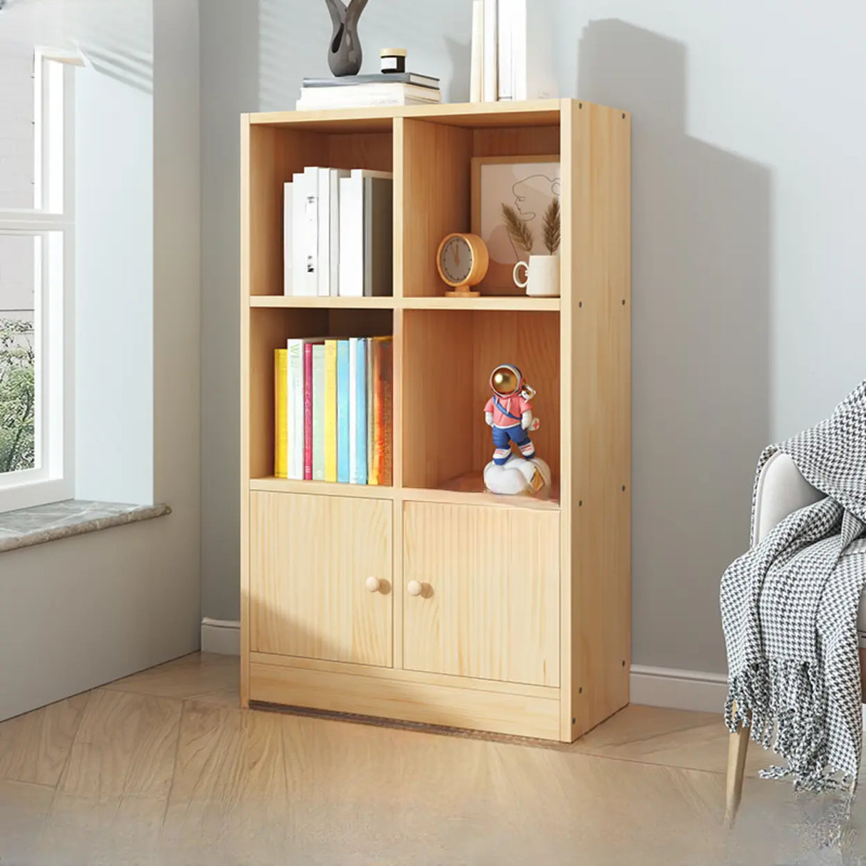 Simple Natural Finish Pine Closed Organizer Bookcase Image - 19