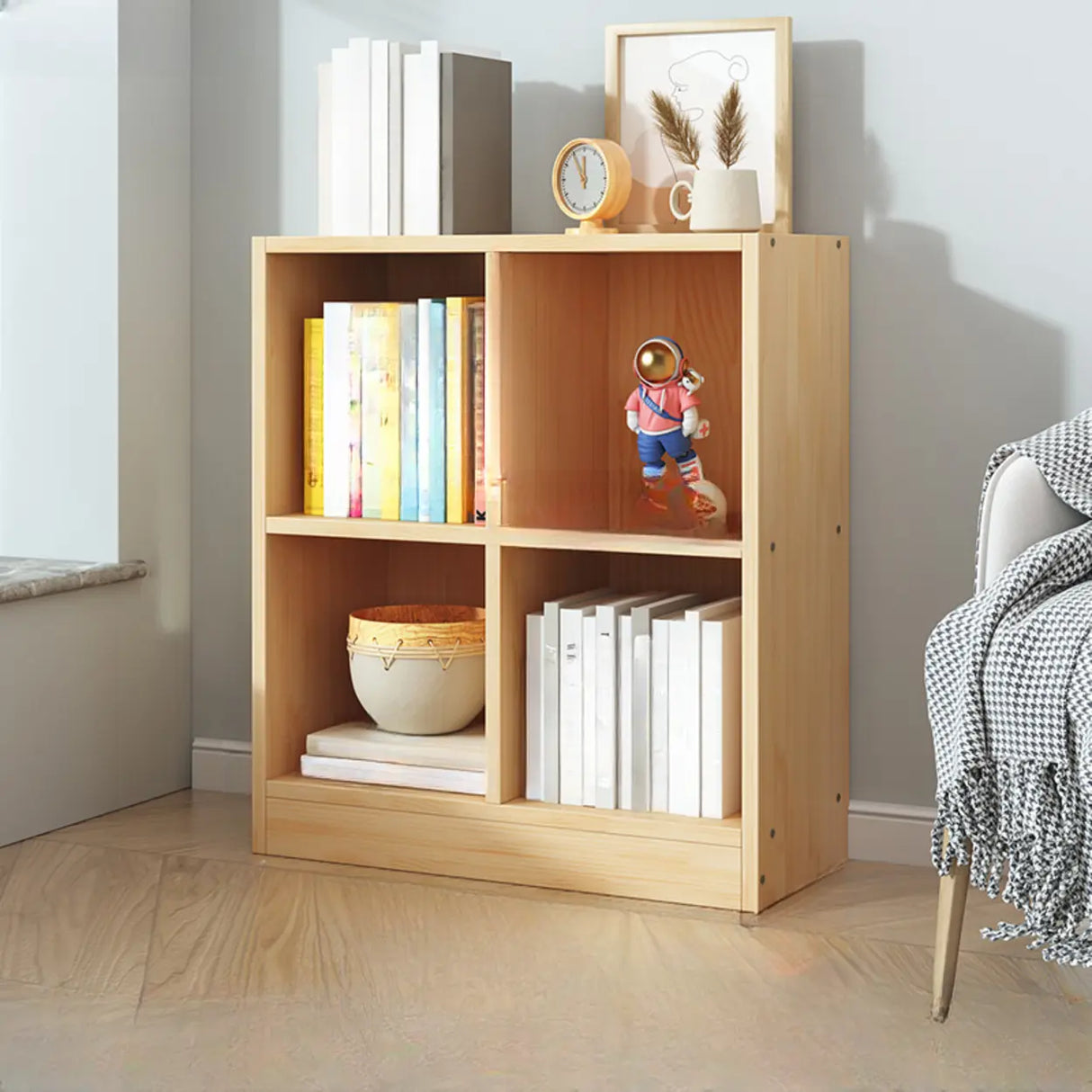 Simple Natural Finish Pine Closed Organizer Bookcase Image - 2