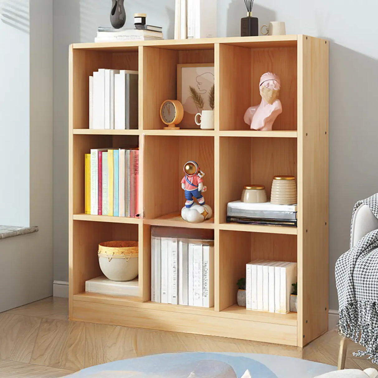 Simple Natural Finish Pine Closed Organizer Bookcase Image - 21