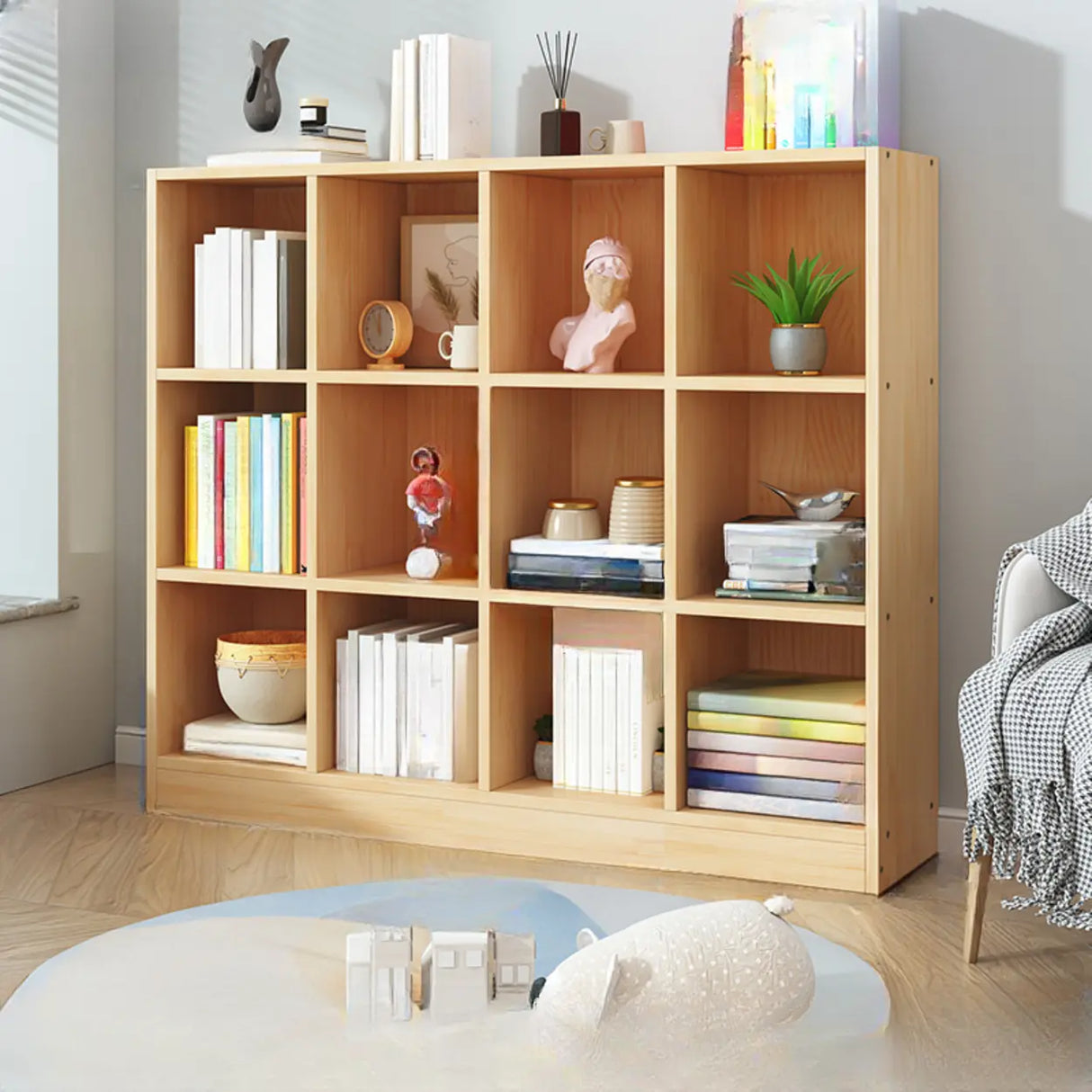 Simple Natural Finish Pine Closed Organizer Bookcase Image - 24
