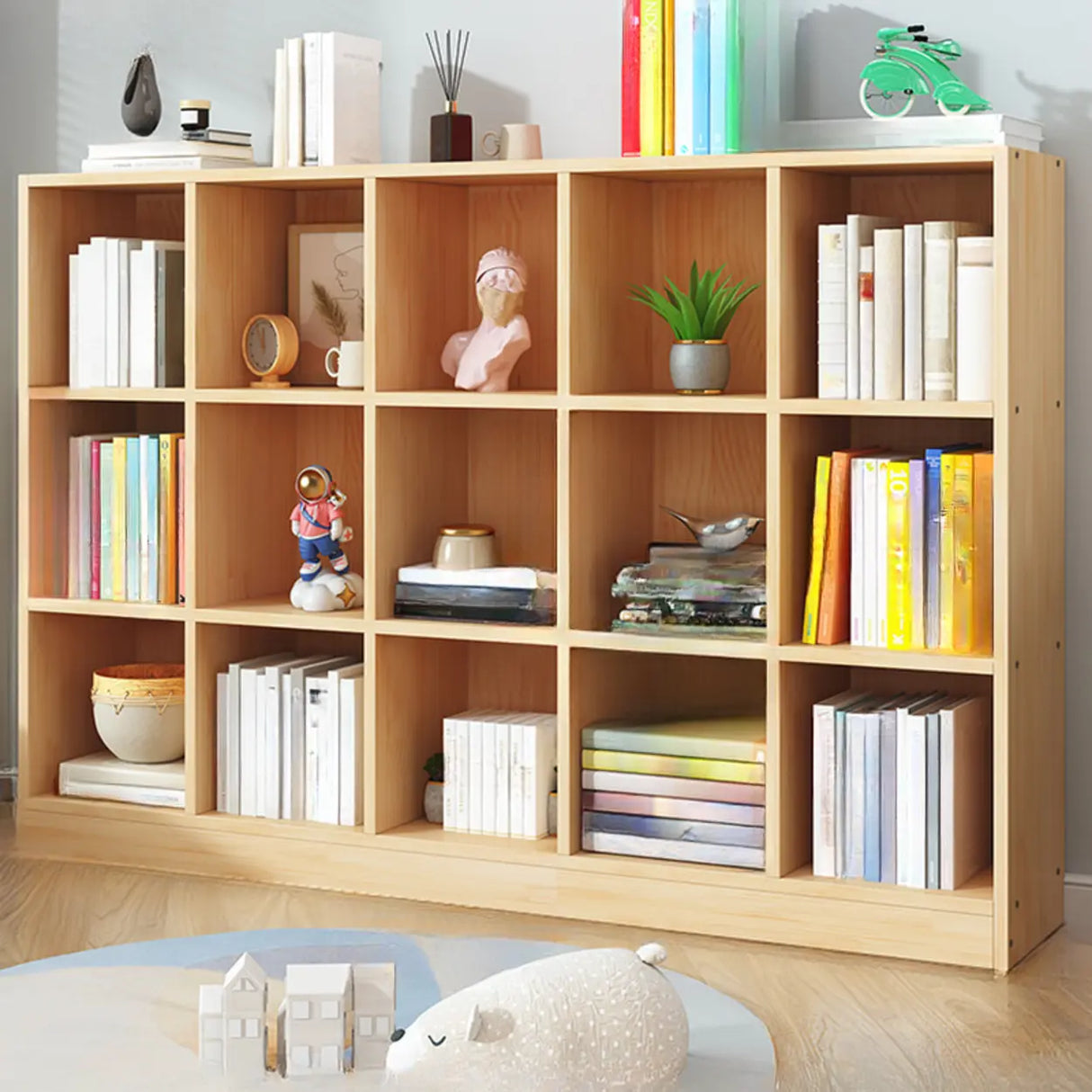 Simple Natural Finish Pine Closed Organizer Bookcase Image - 26
