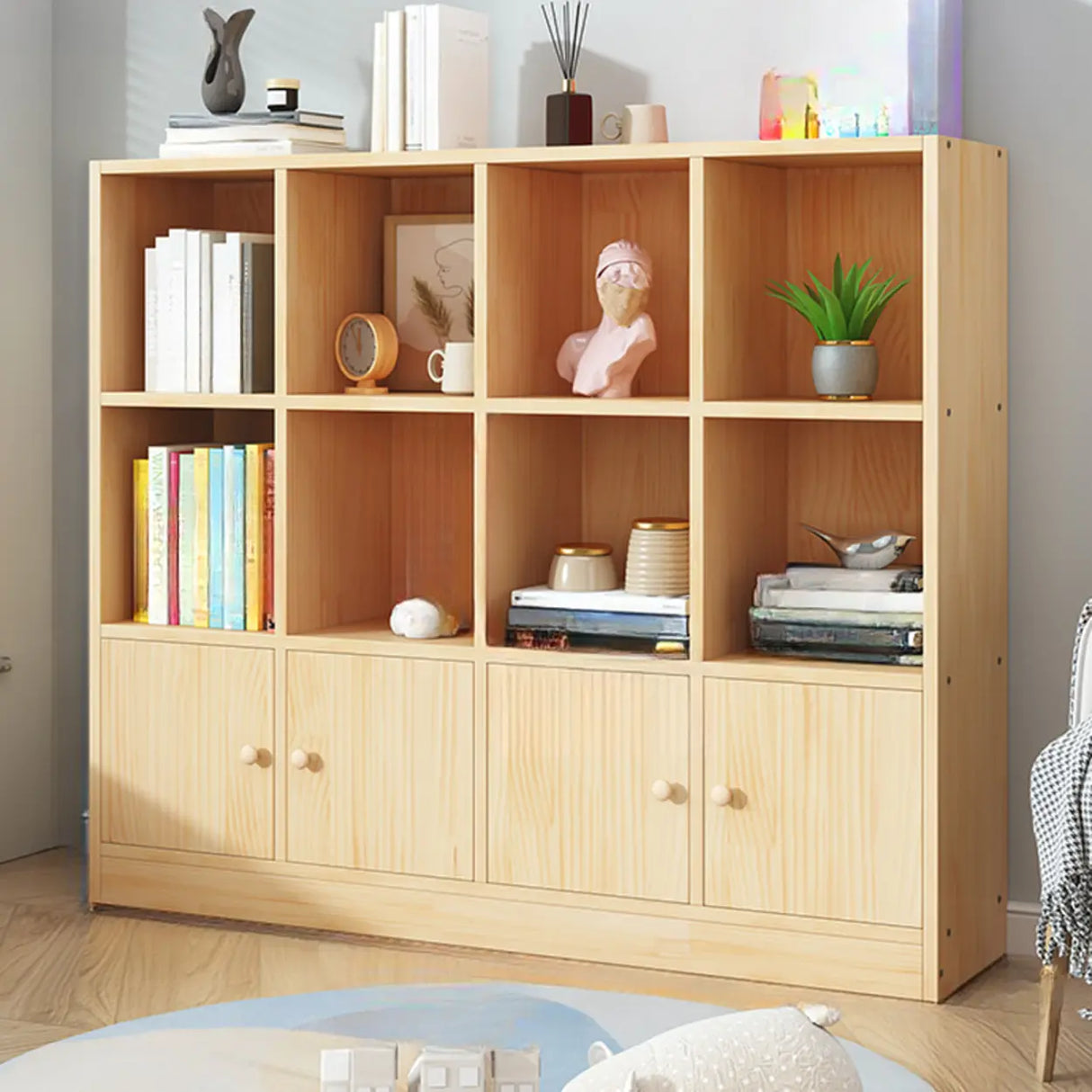 Simple Natural Finish Pine Closed Organizer Bookcase Image - 27