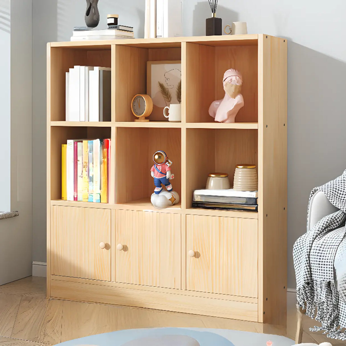 Simple Natural Finish Pine Closed Organizer Bookcase Image - 3