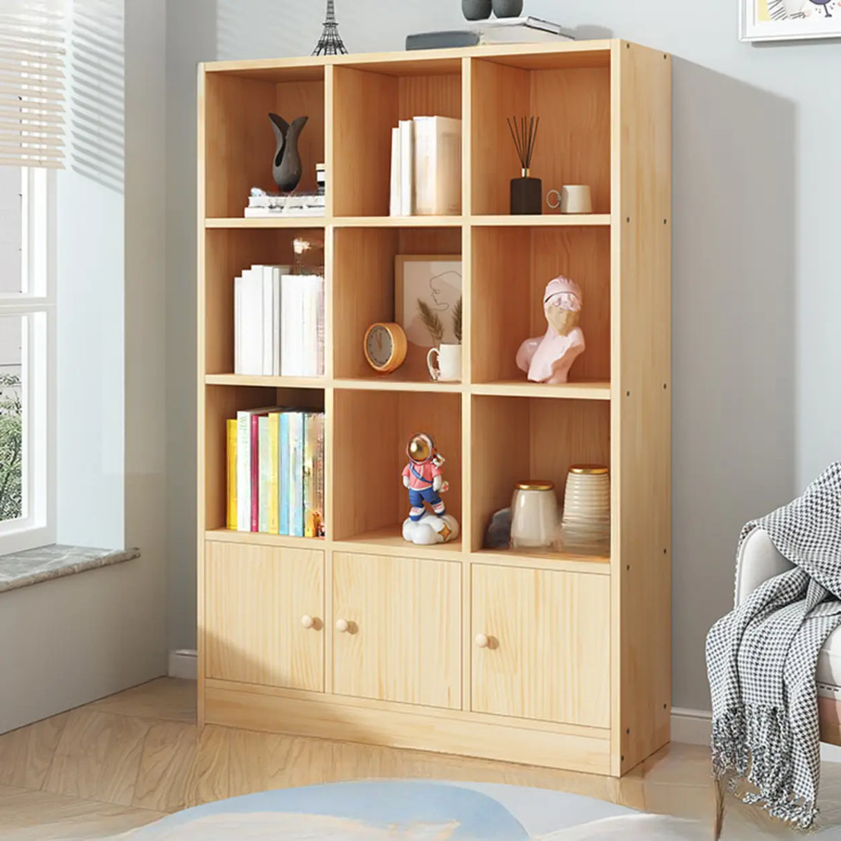 Simple Natural Finish Pine Closed Organizer Bookcase Image - 31