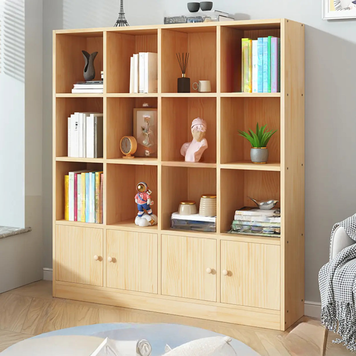 Simple Natural Finish Pine Closed Organizer Bookcase Image - 32