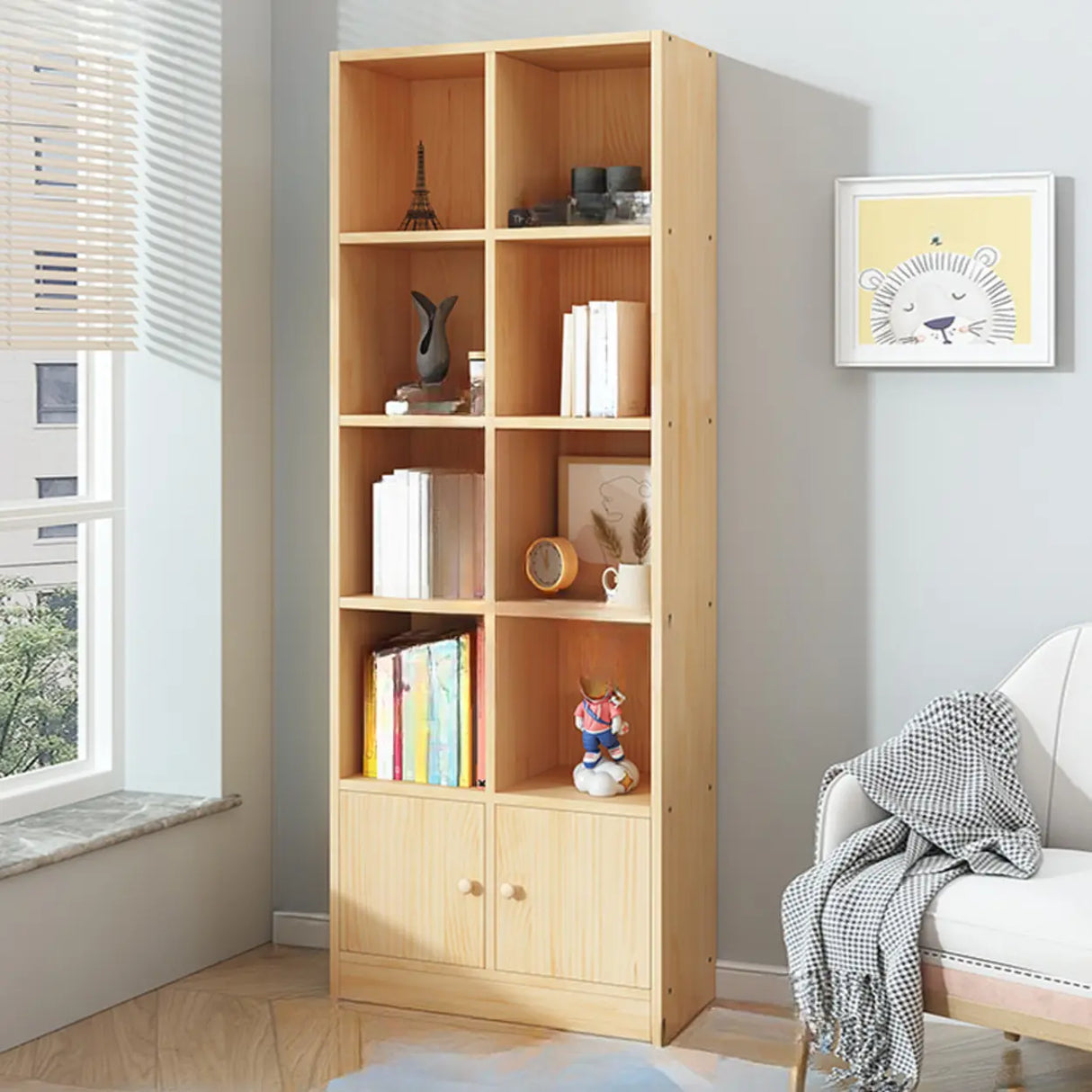 Simple Natural Finish Pine Closed Organizer Bookcase Image - 34