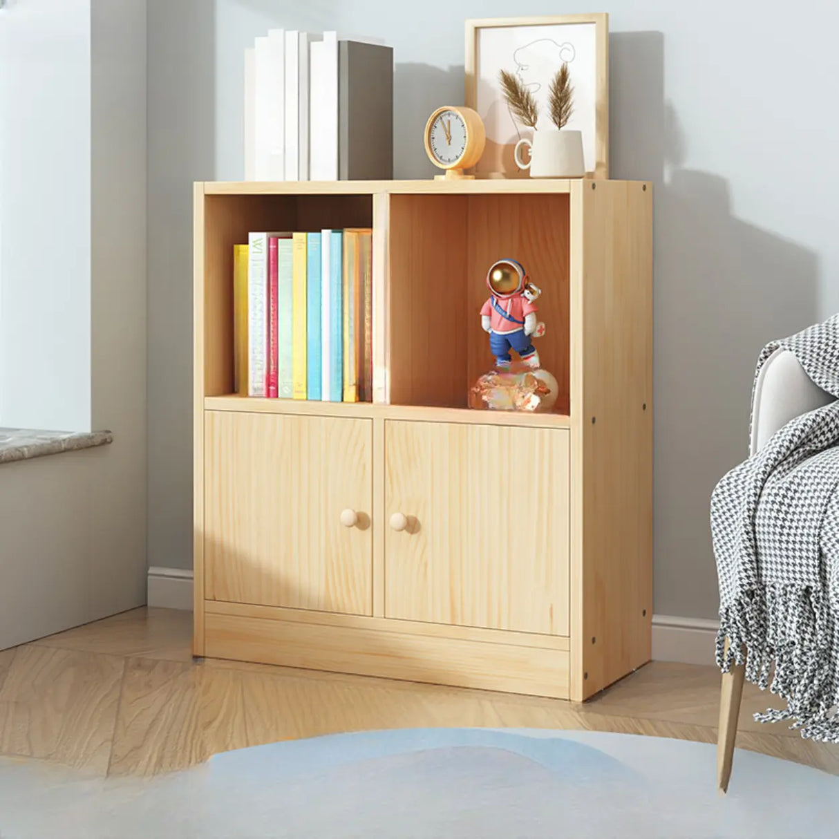 Simple Natural Finish Pine Closed Organizer Bookcase Image - 4