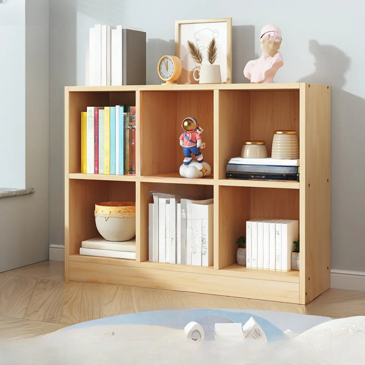 Simple Natural Finish Pine Closed Organizer Bookcase Image - 5