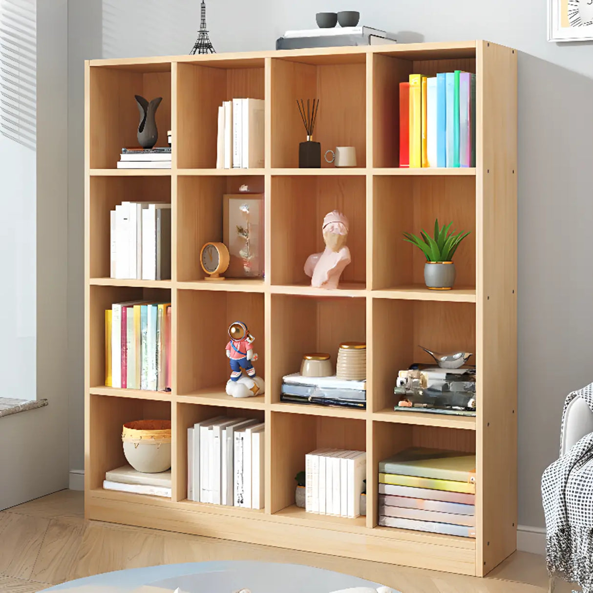 Simple Natural Finish Pine Closed Organizer Bookcase Image - 6