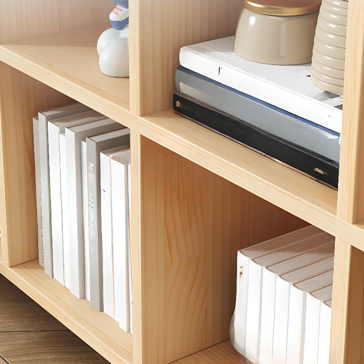 Simple Natural Finish Pine Closed Organizer Bookcase Image - 7