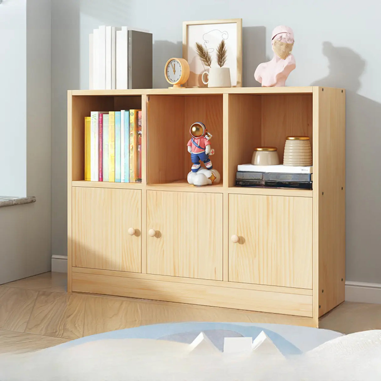 Simple Natural Finish Pine Closed Organizer Bookcase Image - 8