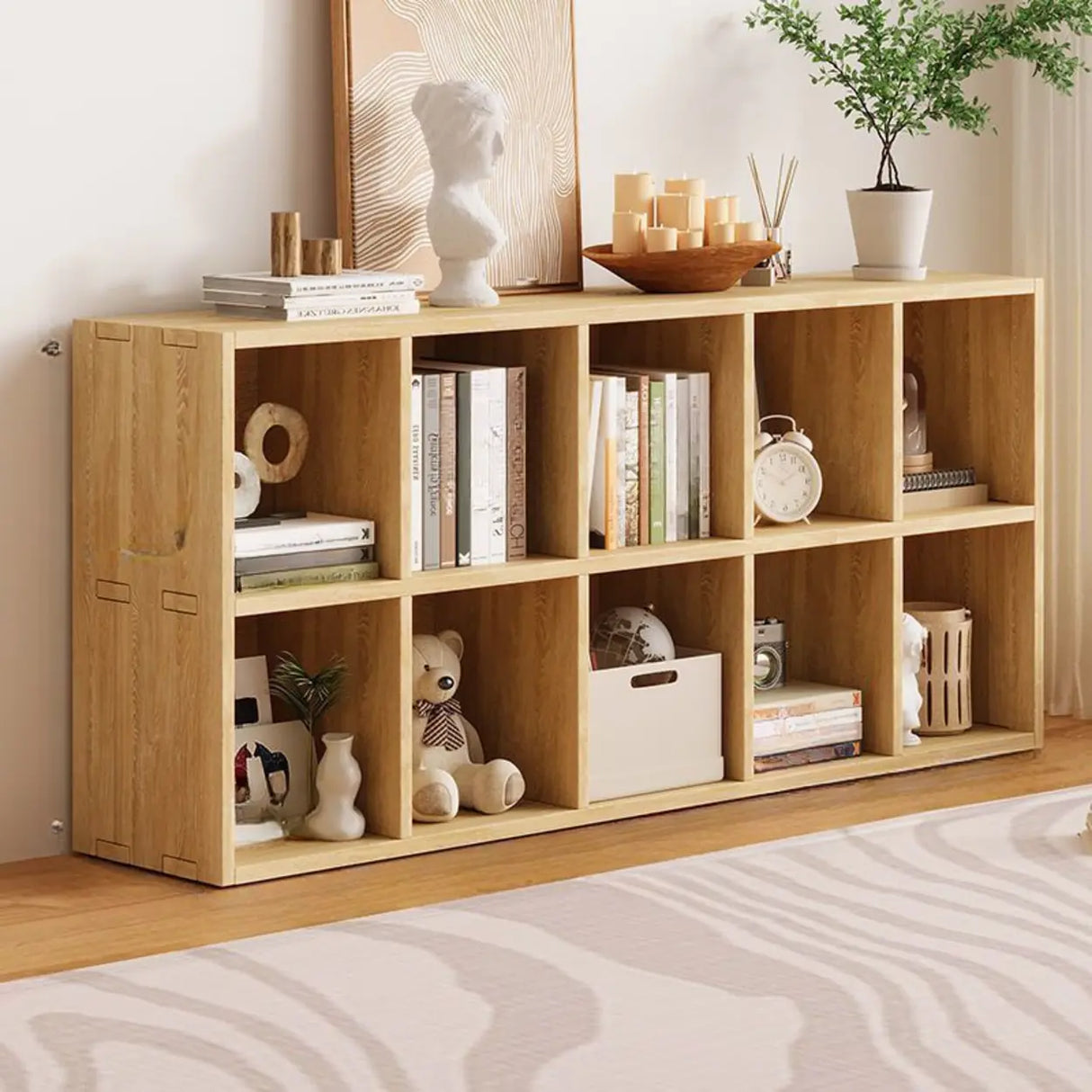 Simple Natural Finish Wood Rectangular Display Bookcase Image - 16
