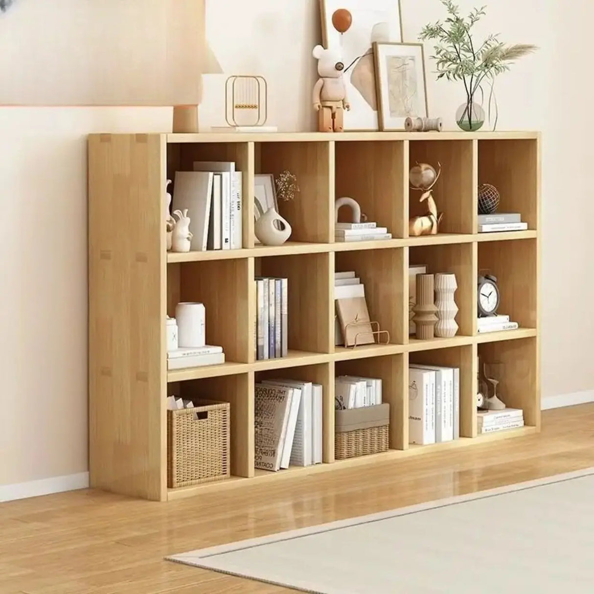 Simple Natural Finish Wood Rectangular Display Bookcase Image - 18