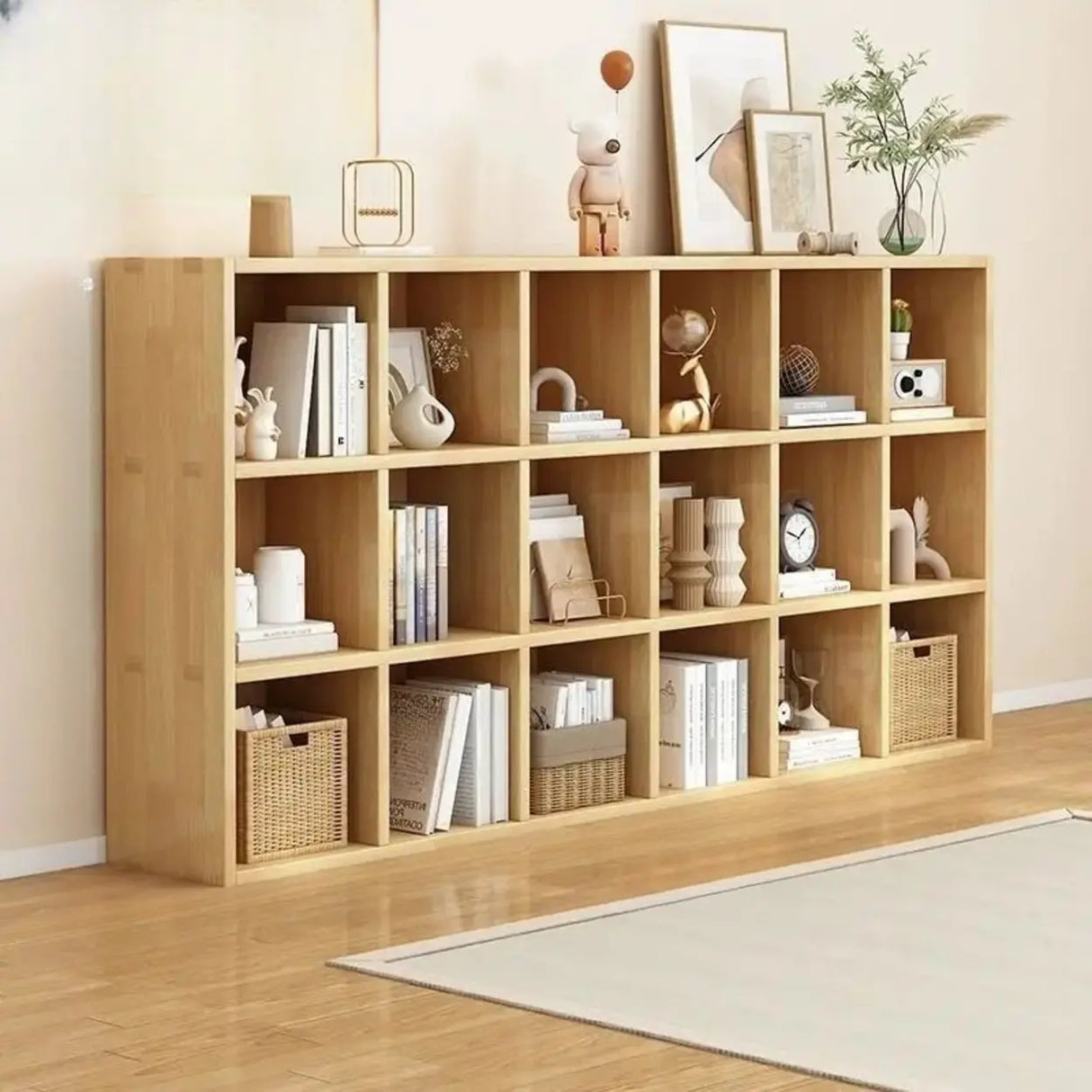 Simple Natural Finish Wood Rectangular Display Bookcase Image - 20