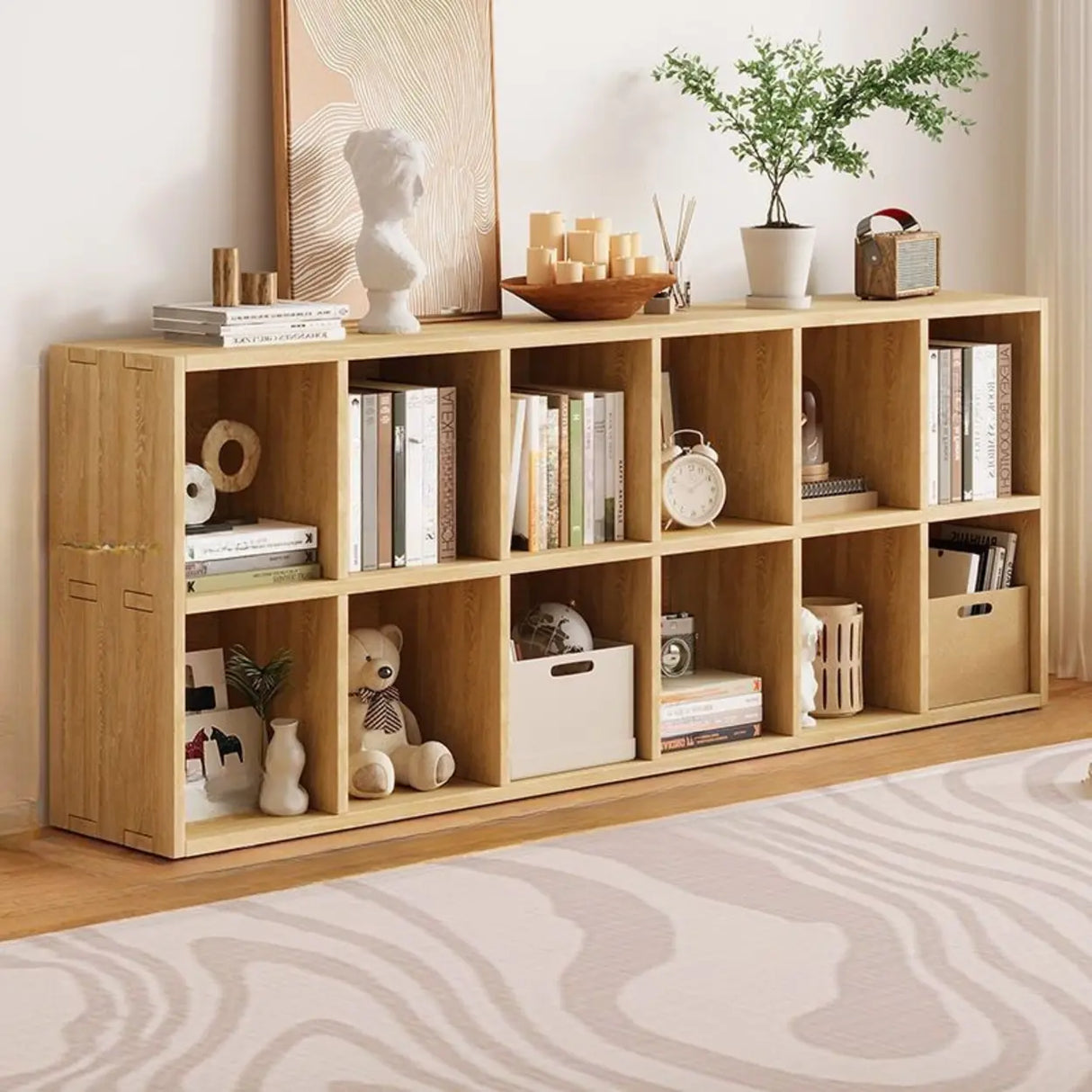Simple Natural Finish Wood Rectangular Display Bookcase Image - 4