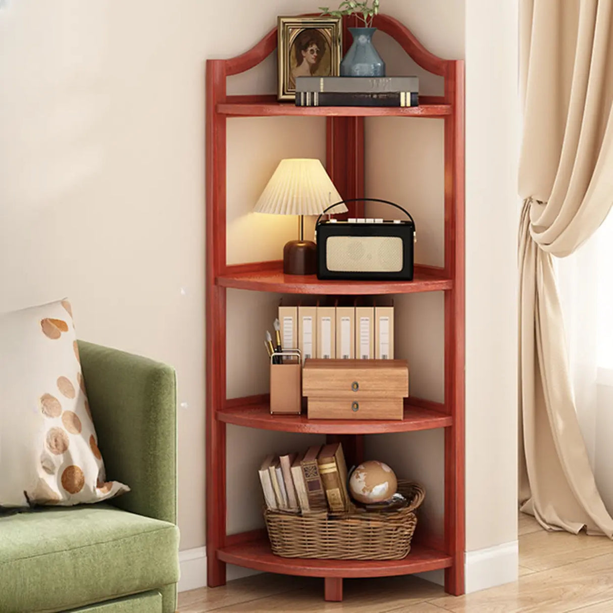 Simple Natural Wood Finish Corner Display Bookshelf Image - 10