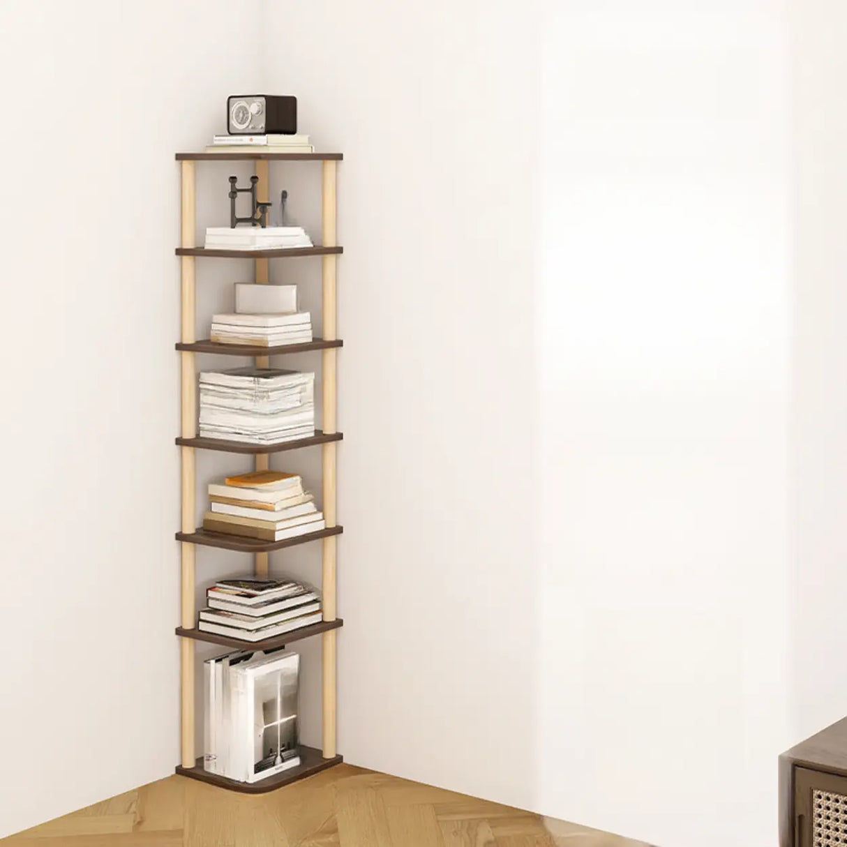 Simple Natural Wood Open Corner Organizer Bookshelf Image - 11
