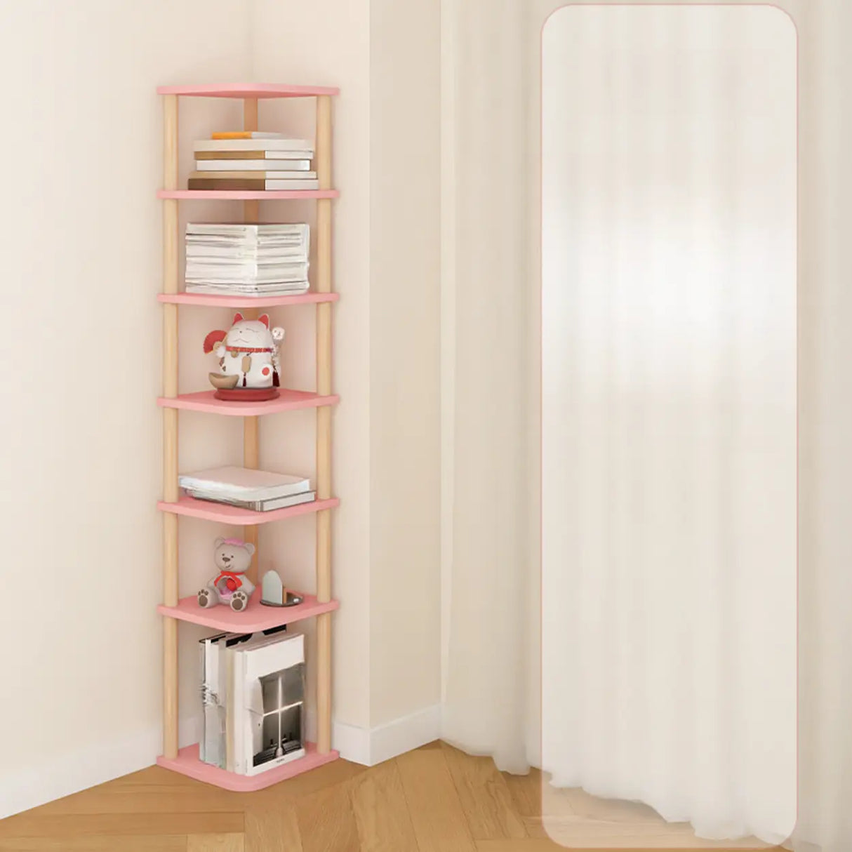 Simple Natural Wood Open Corner Organizer Bookshelf Image - 15