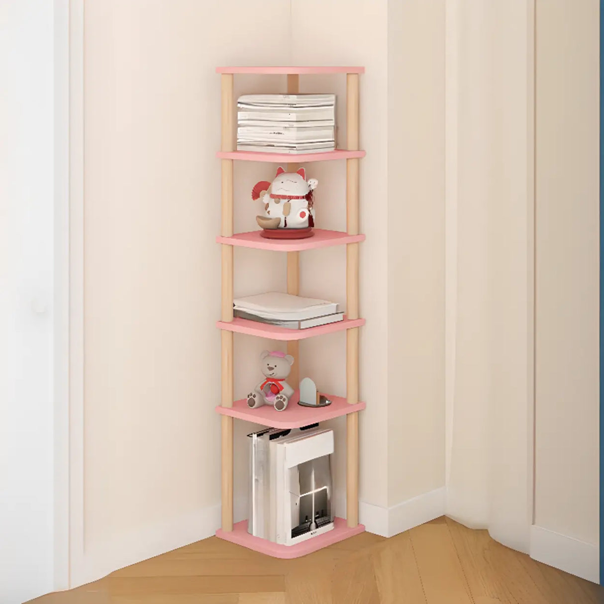 Simple Natural Wood Open Corner Organizer Bookshelf Image - 4