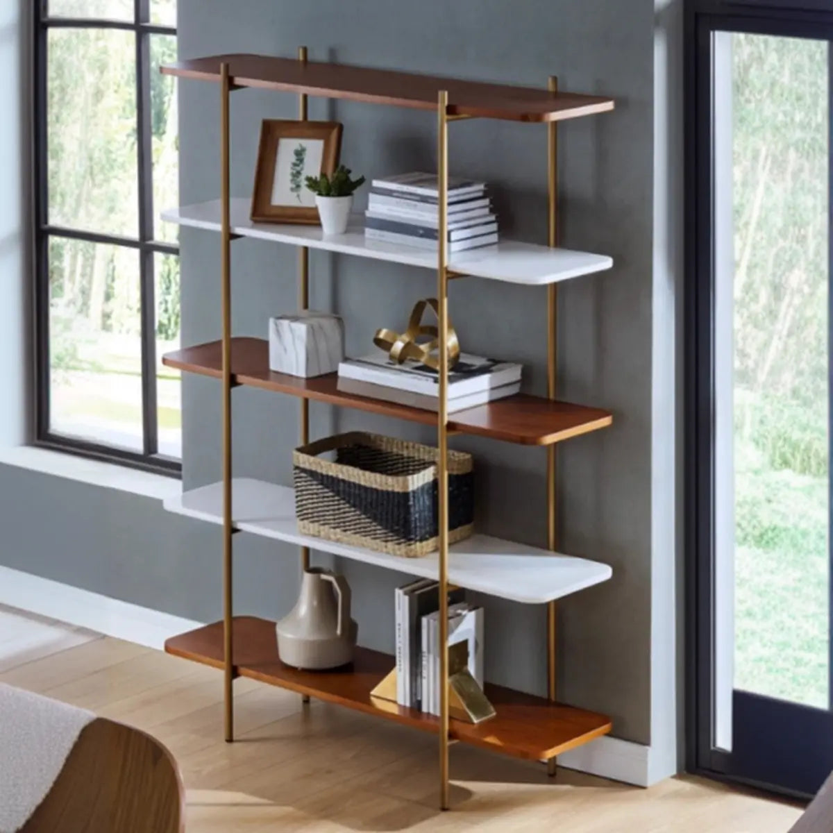 Simple Open Back 5-Tier Walnut Brown Display Bookcase Image - 1