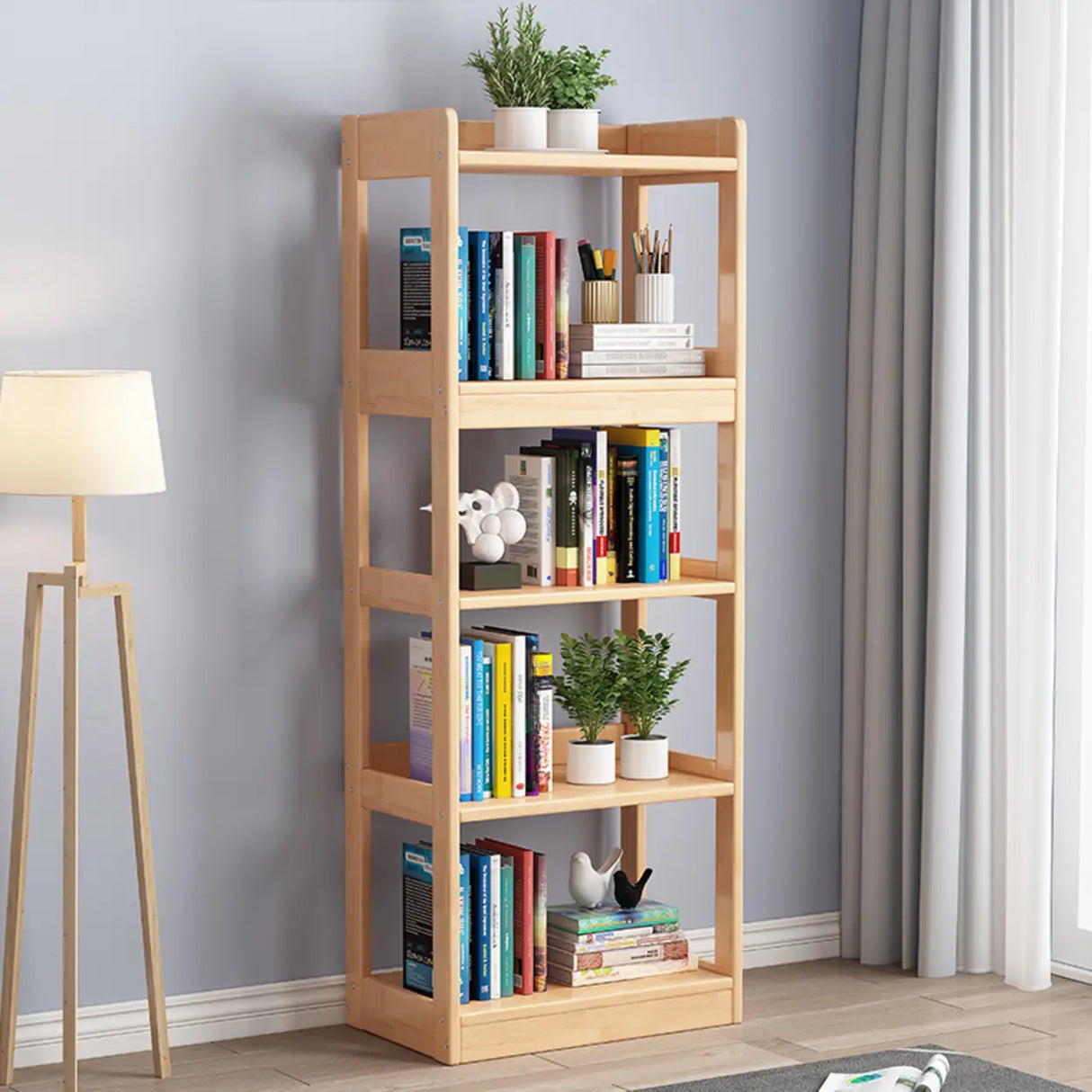 Simple Open-Back Wood Natural Finish Display Bookshelf Image - 5