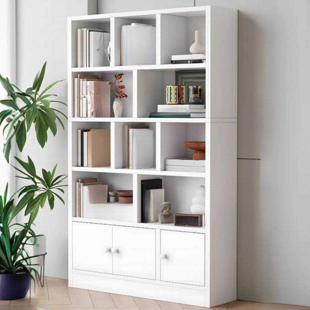 Simple Open Drawer Wood Narrow Bookcase White Image - 12