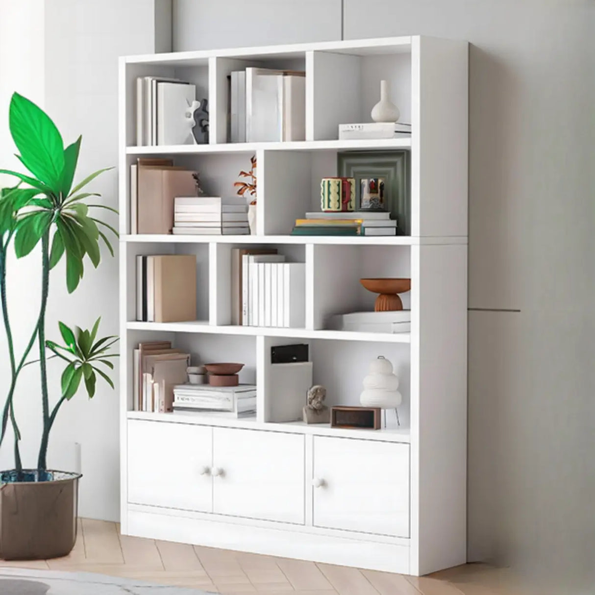 Simple Open Drawer Wood Narrow Bookcase White Image - 17