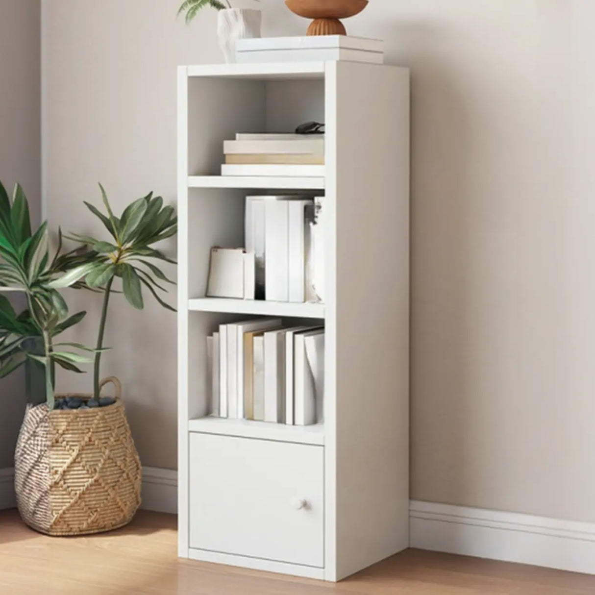 Simple Open Drawer Wood Narrow Bookcase White Image - 1