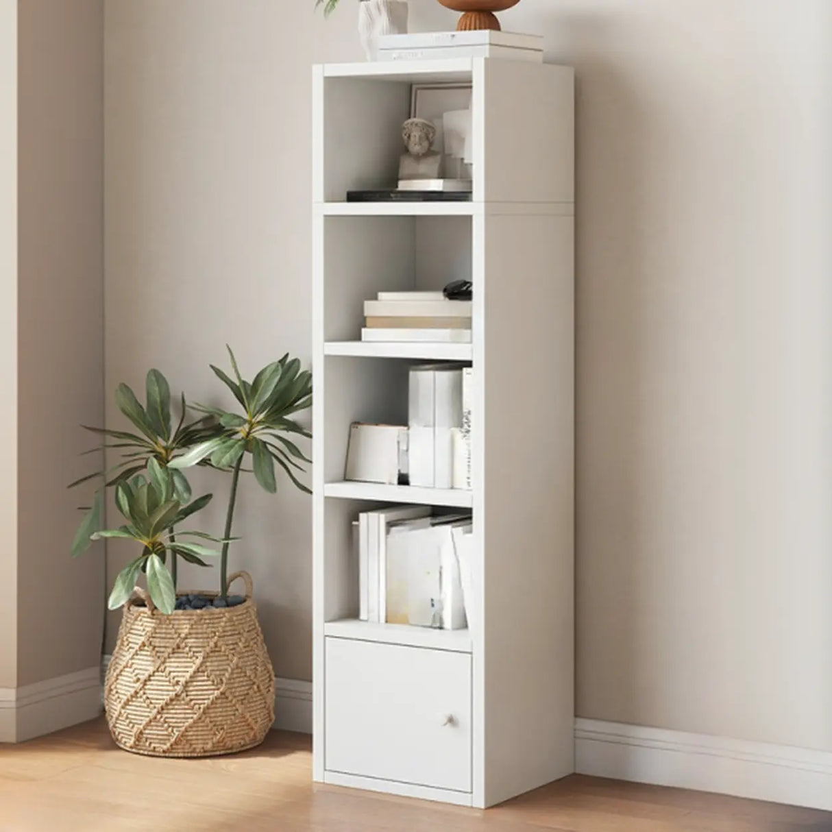 Simple Open Drawer Wood Narrow Bookcase White Image - 2