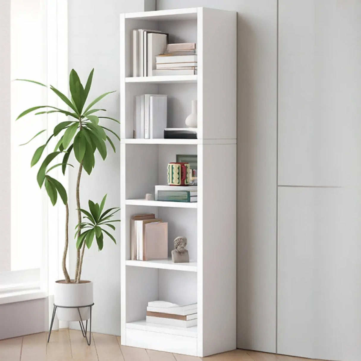 Simple Open Drawer Wood Narrow Bookcase White Image - 4