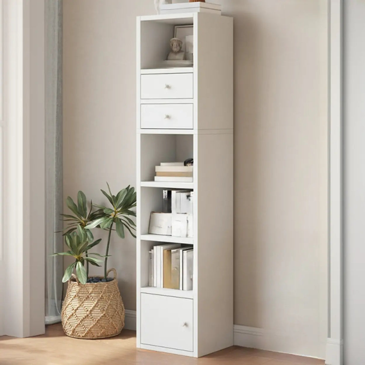 Simple Open Drawer Wood Narrow Bookcase White Image - 5