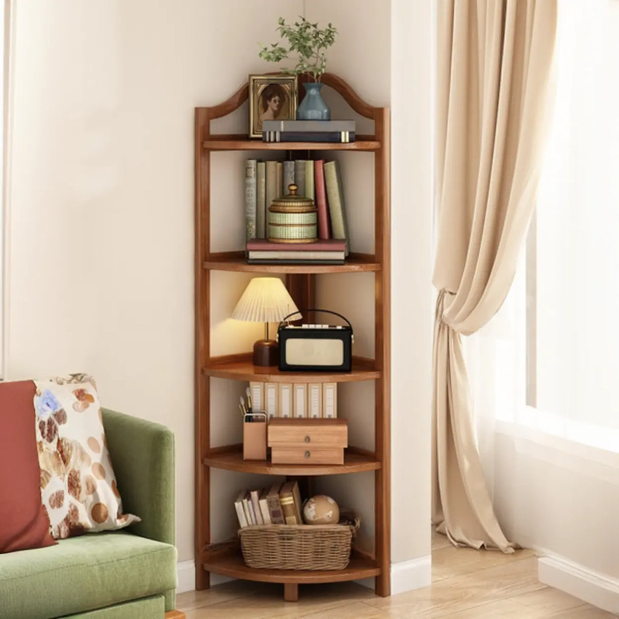 Simple Open Natural Wood Corner Shelf Stand Bookshelf Image - 10