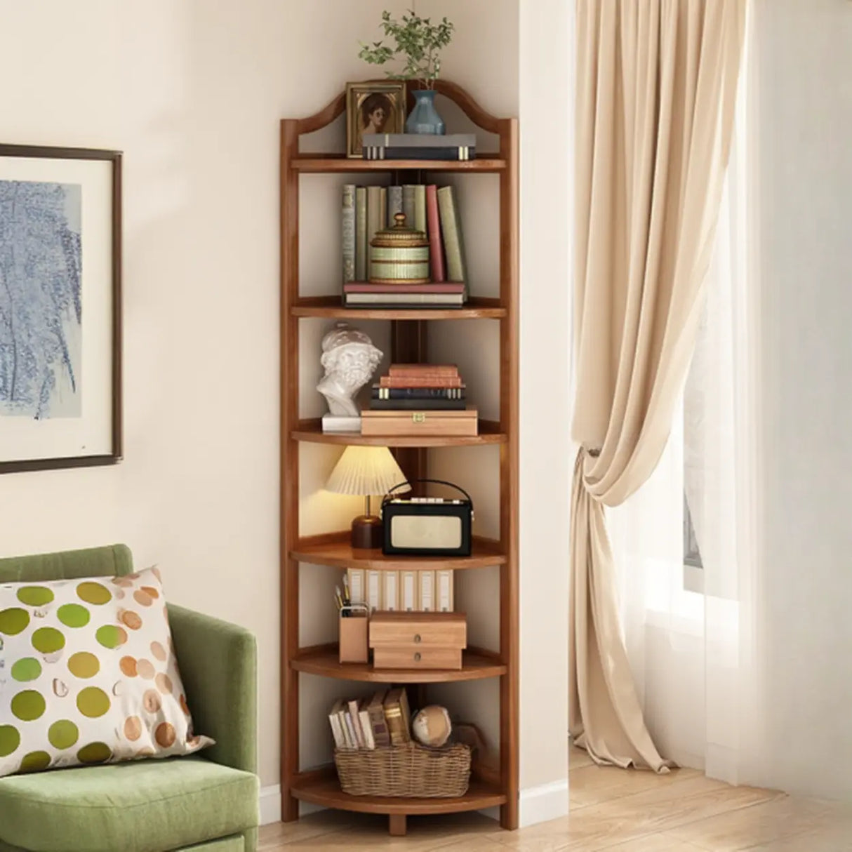 Simple Open Natural Wood Corner Shelf Stand Bookshelf Image - 11