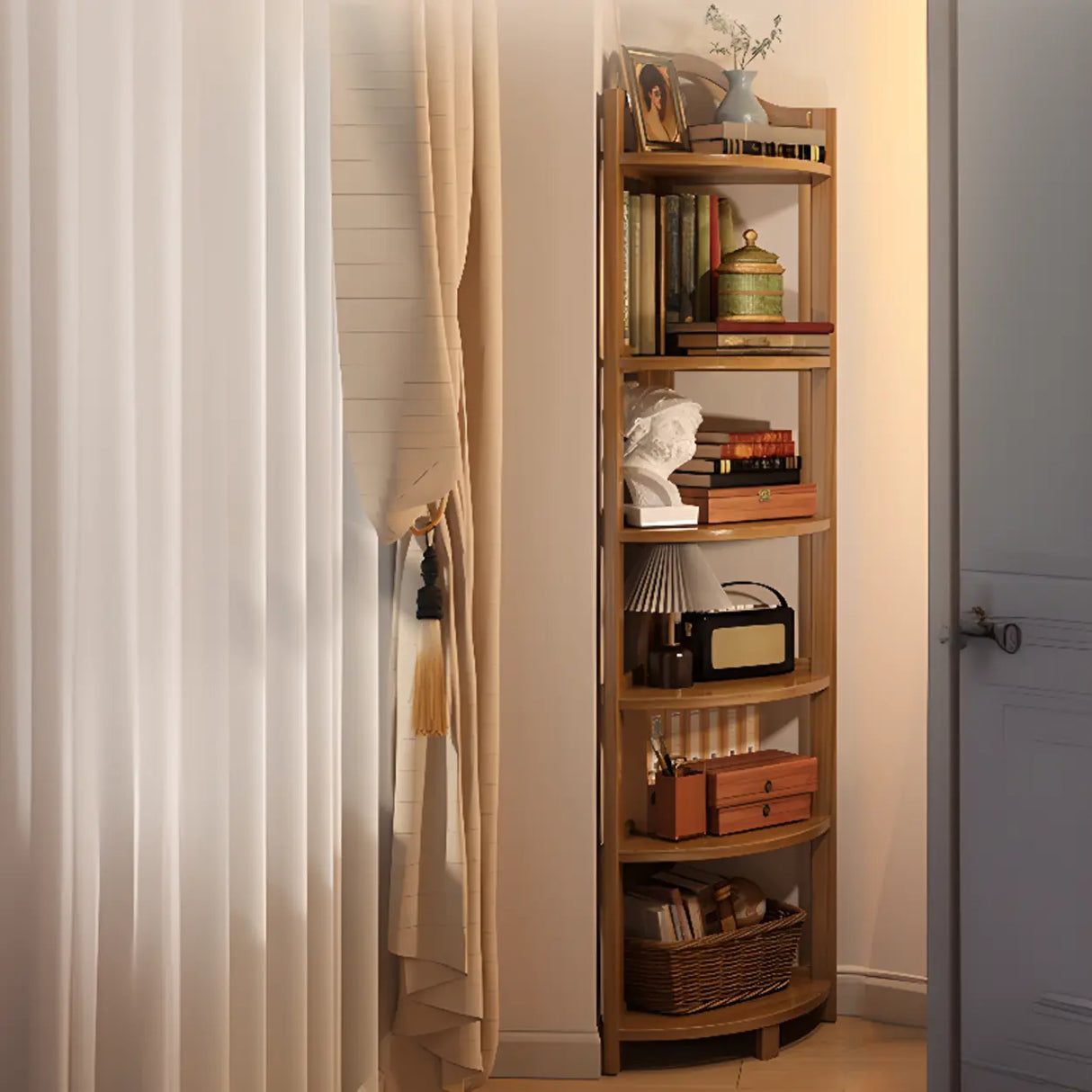 Simple Open Natural Wood Corner Shelf Stand Bookshelf Image - 2