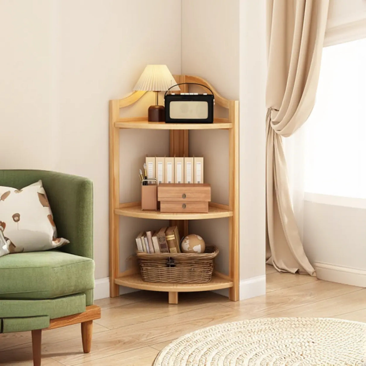 Simple Open Natural Wood Corner Shelf Stand Bookshelf Image - 3
