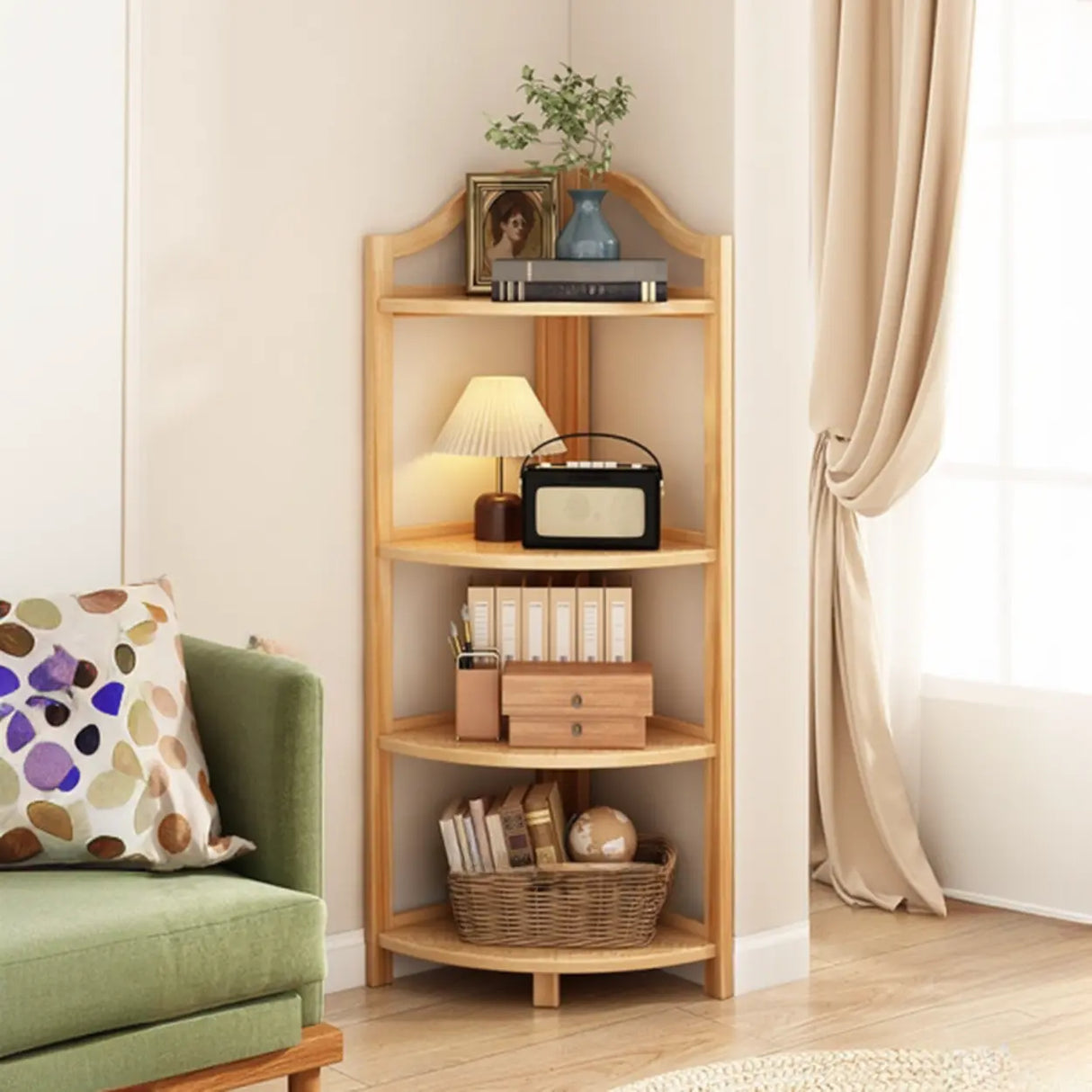 Simple Open Natural Wood Corner Shelf Stand Bookshelf Image - 4
