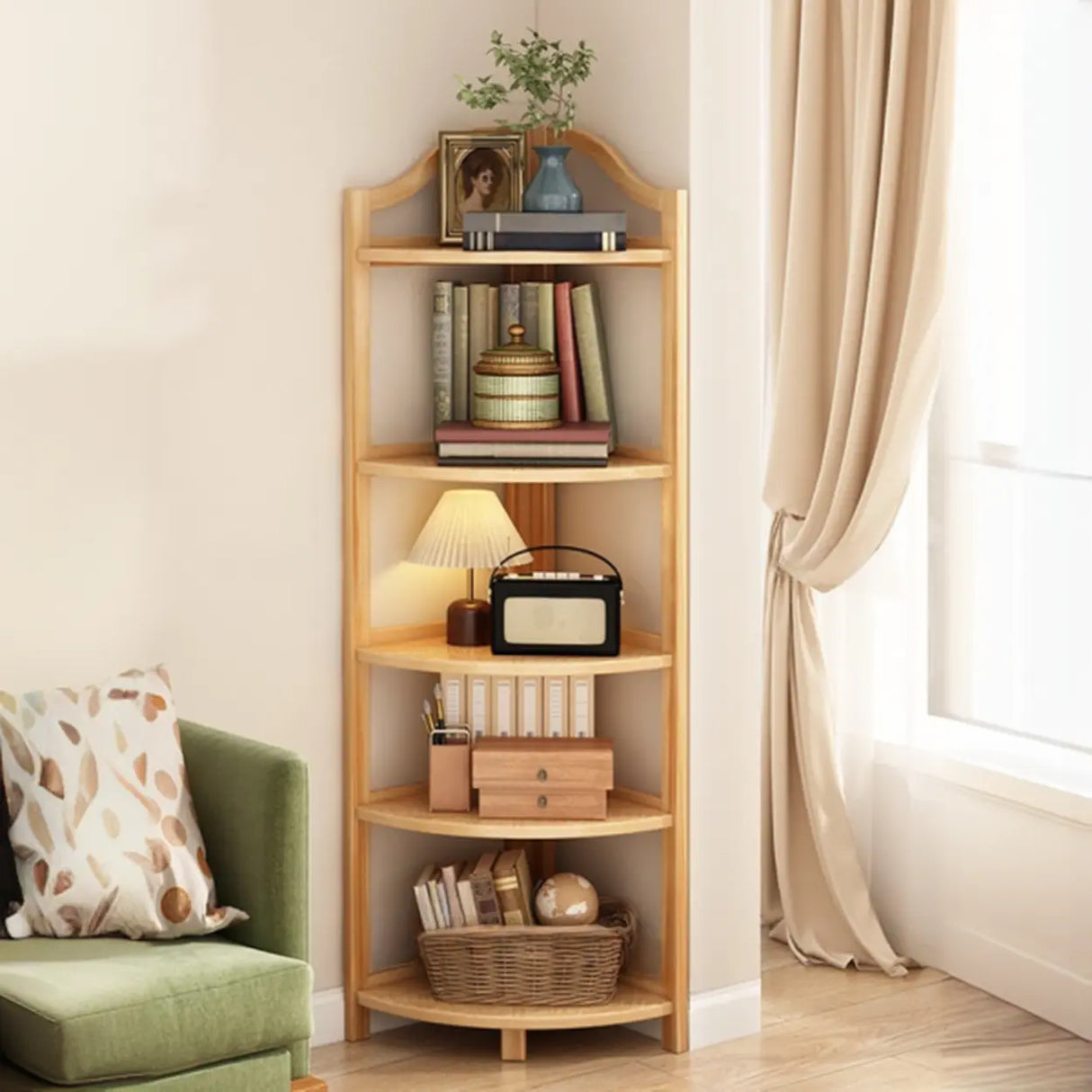 Simple Open Natural Wood Corner Shelf Stand Bookshelf Image - 6