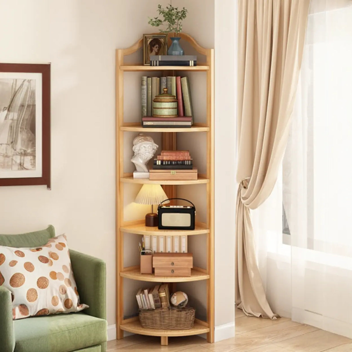 Simple Open Natural Wood Corner Shelf Stand Bookshelf Image - 7