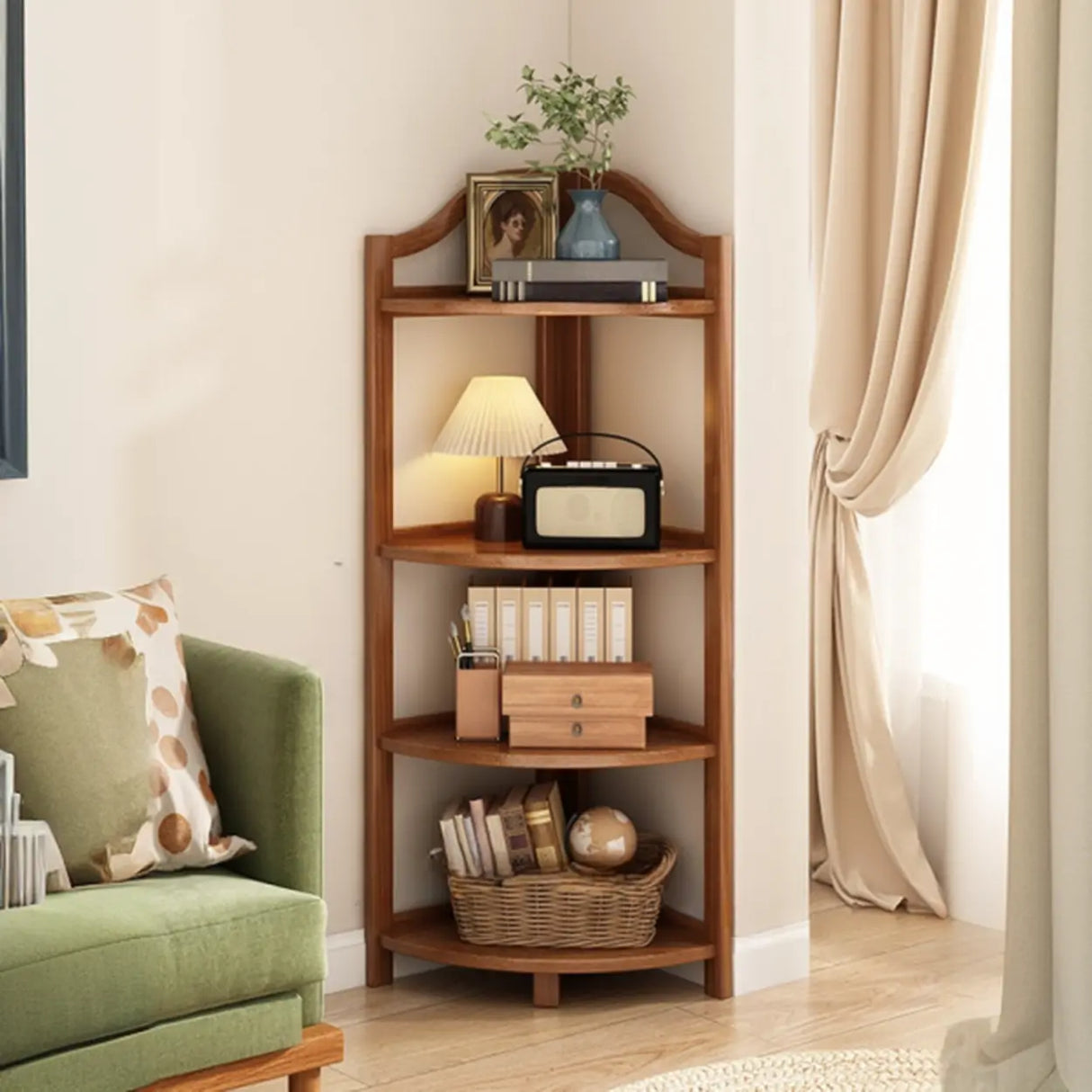Simple Open Natural Wood Corner Shelf Stand Bookshelf Image - 9