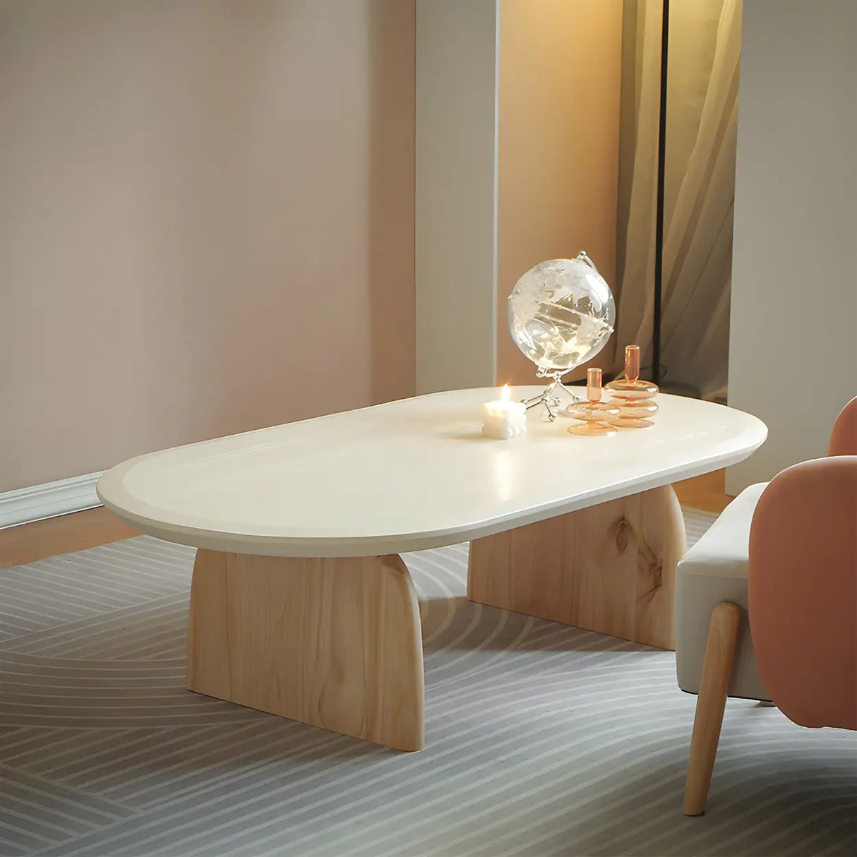 Simple Pine Wood Oval Top Sledge Base Coffee Table Image - 10