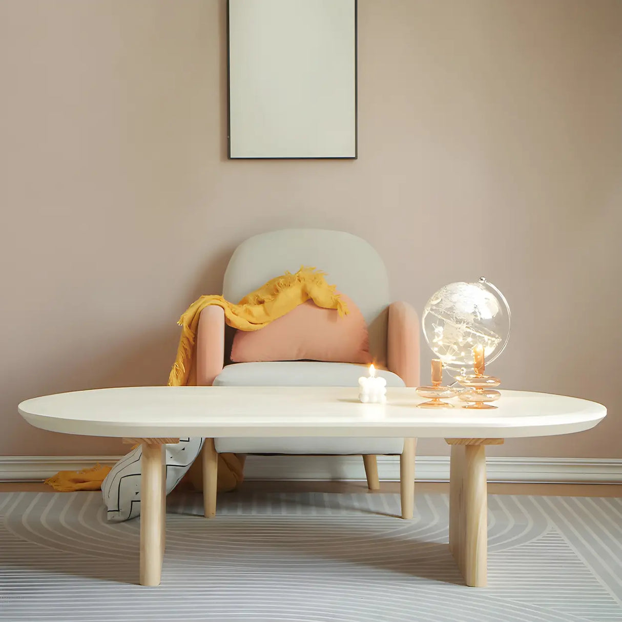 Simple Pine Wood Oval Top Sledge Base Coffee Table Image - 11