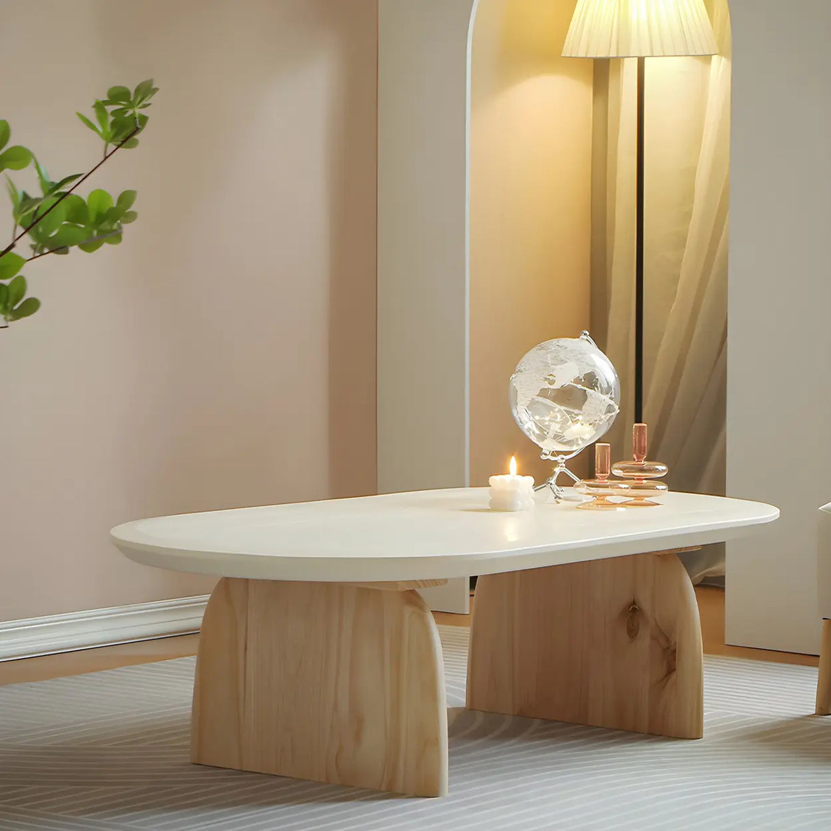 Simple Pine Wood Oval Top Sledge Base Coffee Table Image - 12