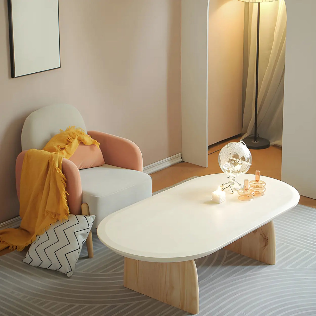 Simple Pine Wood Oval Top Sledge Base Coffee Table Image - 13