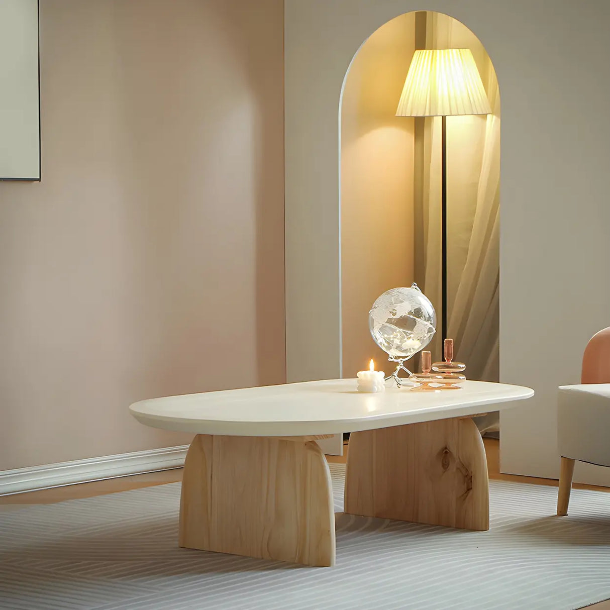 Simple Pine Wood Oval Top Sledge Base Coffee Table Image - 14