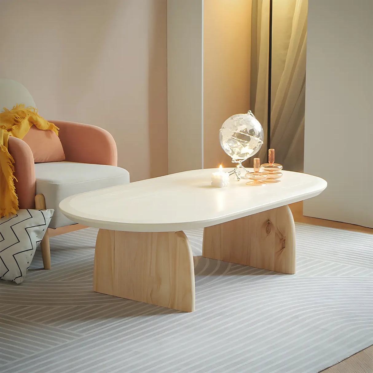 Simple Pine Wood Oval Top Sledge Base Coffee Table Image - 1