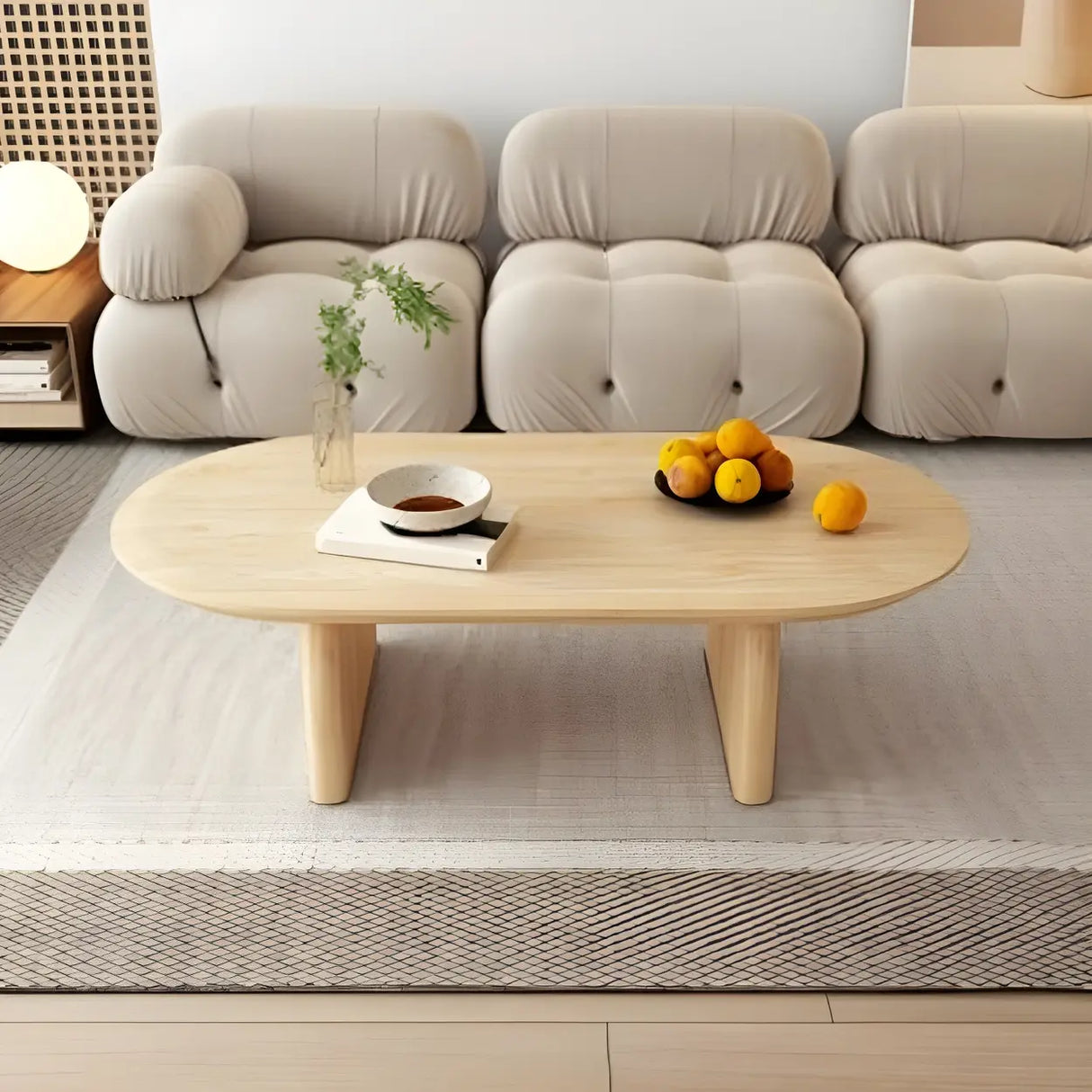 Simple Pine Wood Oval Top Sledge Base Coffee Table Image - 3