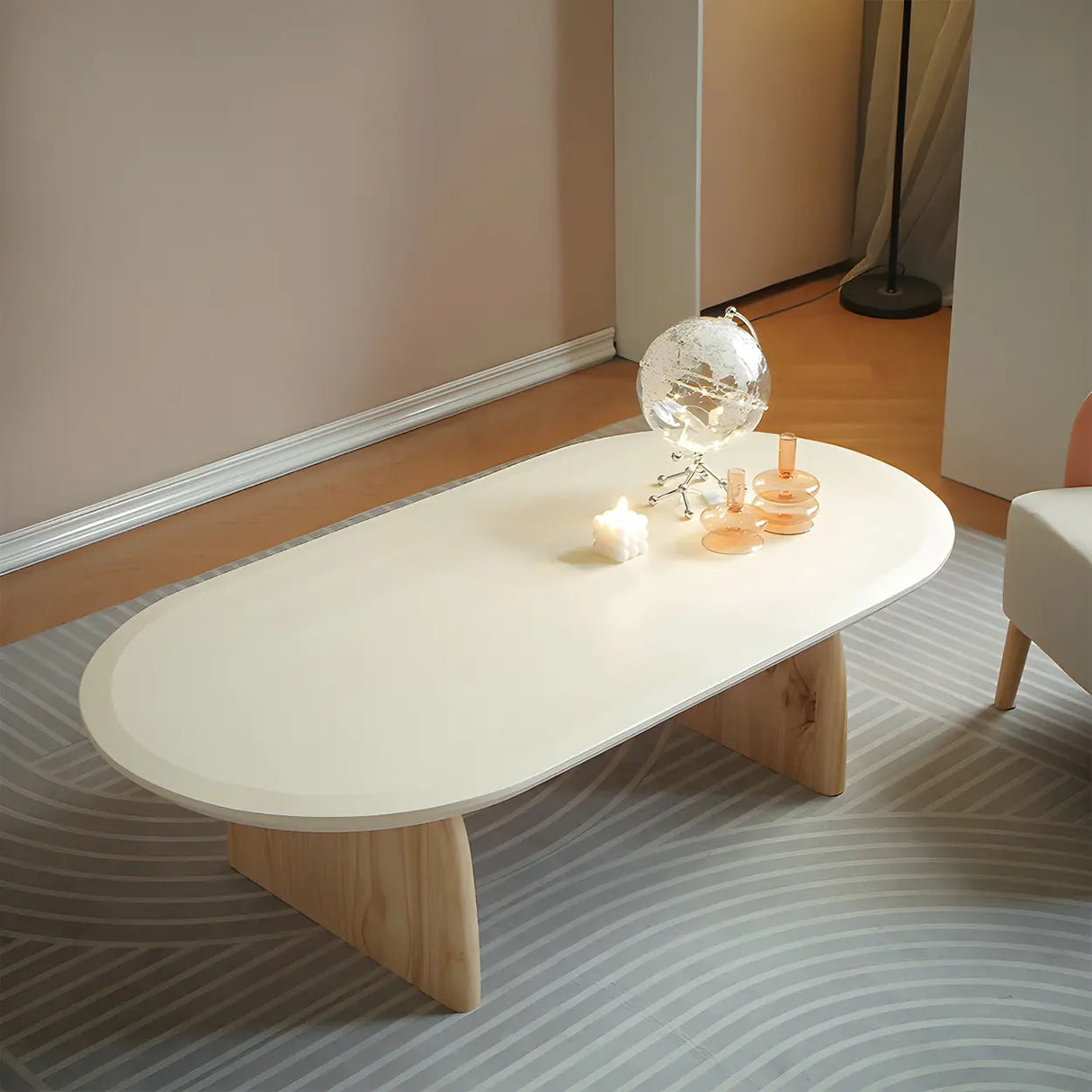 Simple Pine Wood Oval Top Sledge Base Coffee Table Image - 4