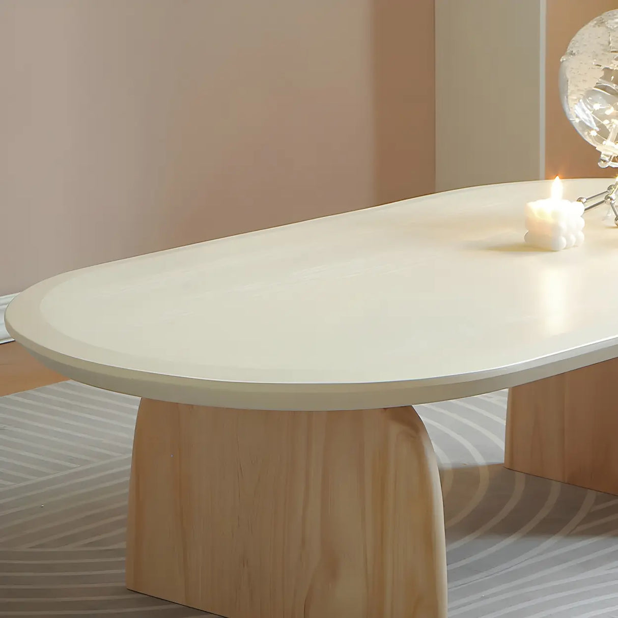 Simple Pine Wood Oval Top Sledge Base Coffee Table Image - 6