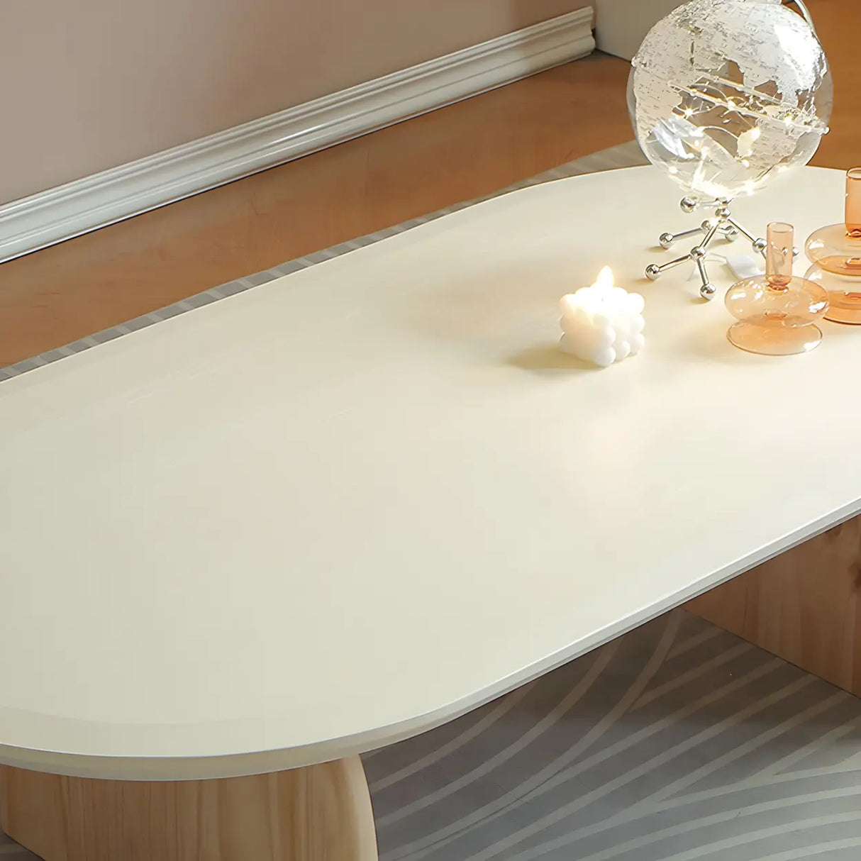 Simple Pine Wood Oval Top Sledge Base Coffee Table Image - 9