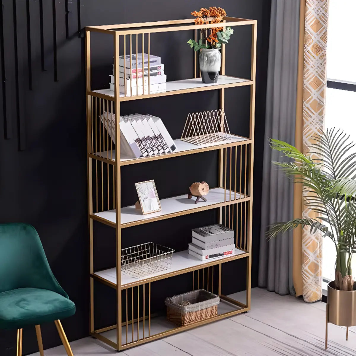 Simple Rectangle 5-Shelf Open Metal Display Bookcase Image - 6